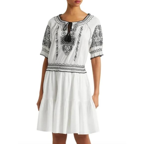 Lauren Ralph Lauren Embroidered Tiered Dress Womens 8 Voile Tassel Boho Peasant - Picture 2 of 16